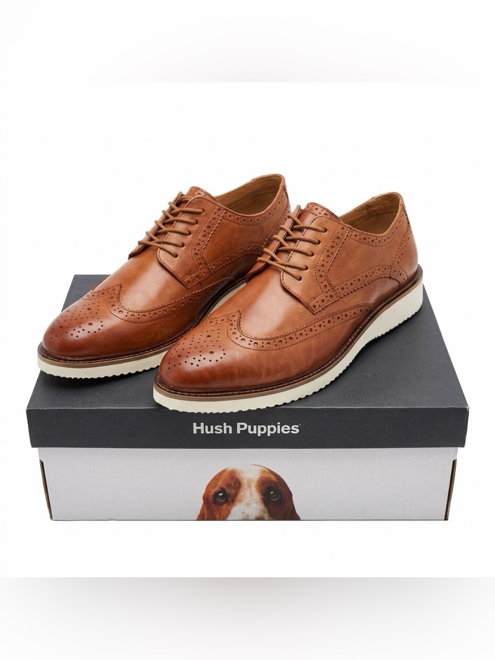 Hush Puppies Everett Wingtip Cognac Leather Men’s Shoes 10.5 NIB